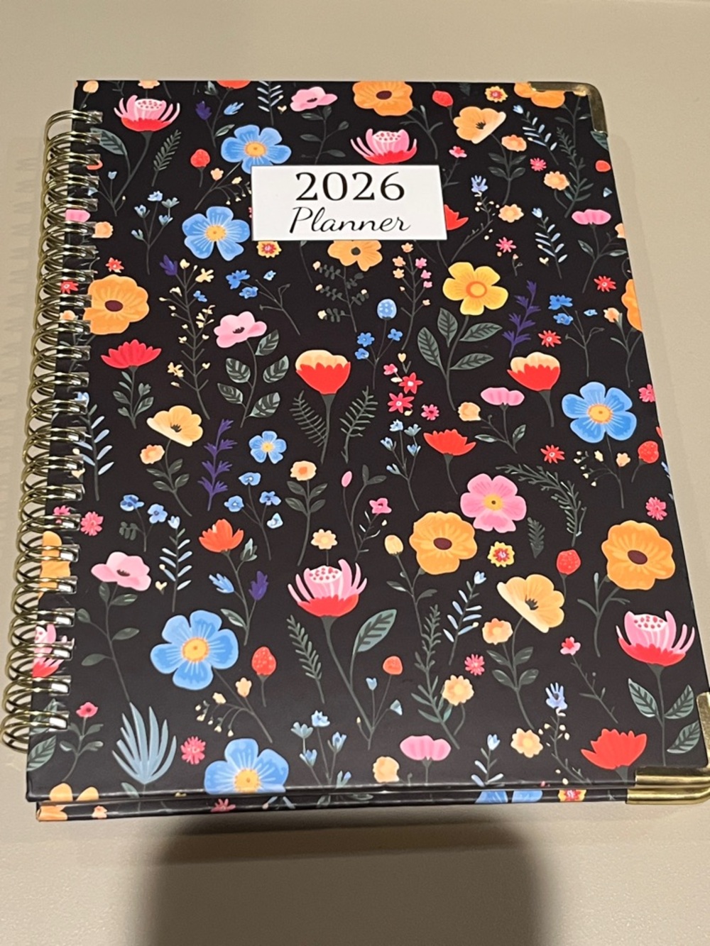 2026 Floral Spiral-Bound Planner - Black with Multicolor Flowers MUST BUNDLE